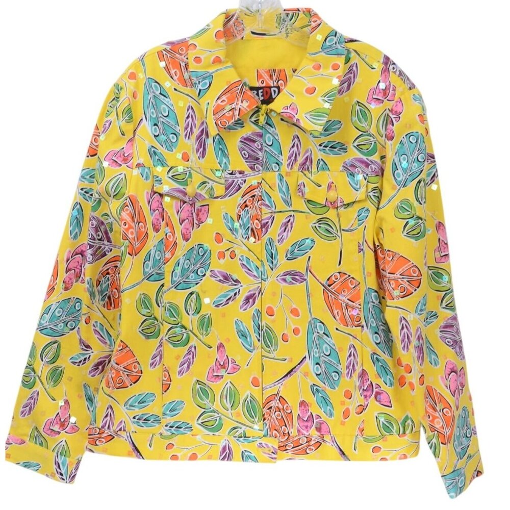 VTG Redd Women's 14 Artsy Sequins Yellow Jacket Zipper Pockets Artwear